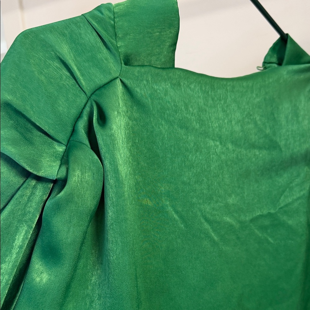 One-Shoulder Emerald Green Satin Dress with Structured Shoulder. Designer.